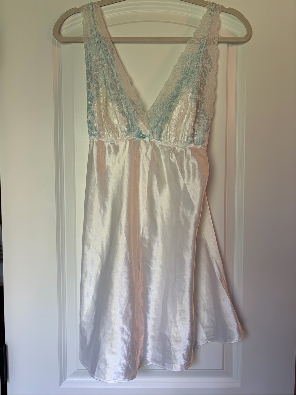 Satin Chemise Nightdress in White with Light Blue Lace